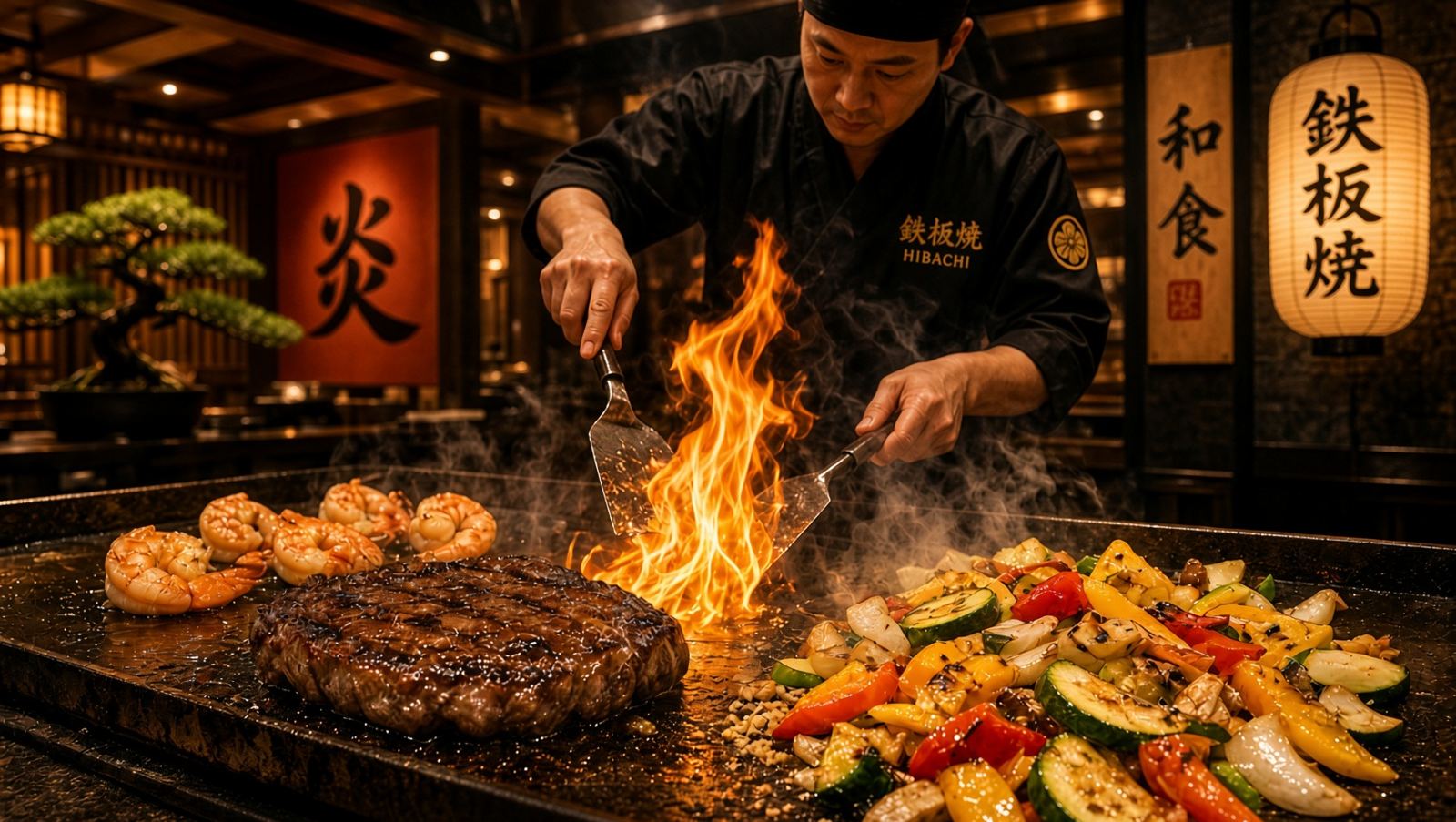 Hibachi chef with flames